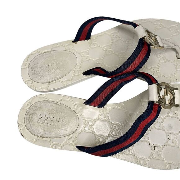 Gucci GG Web Stripe Thong Sandals EU 38.5 US 8.5 White Flip Flop Slide Flat Heel - Picture 9 of 12